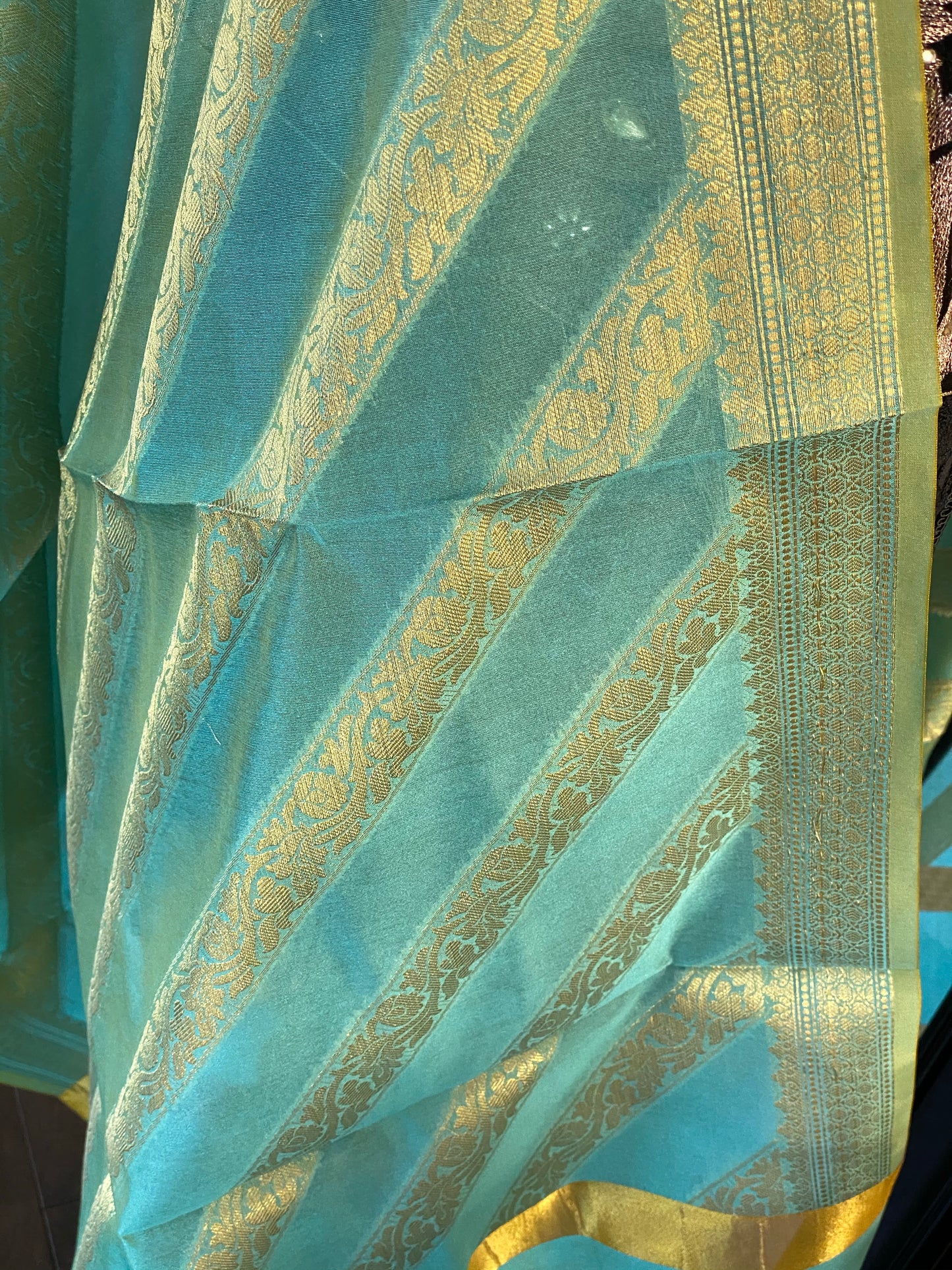 Silk Cotton Dupatta - Sea Green Golden Zari