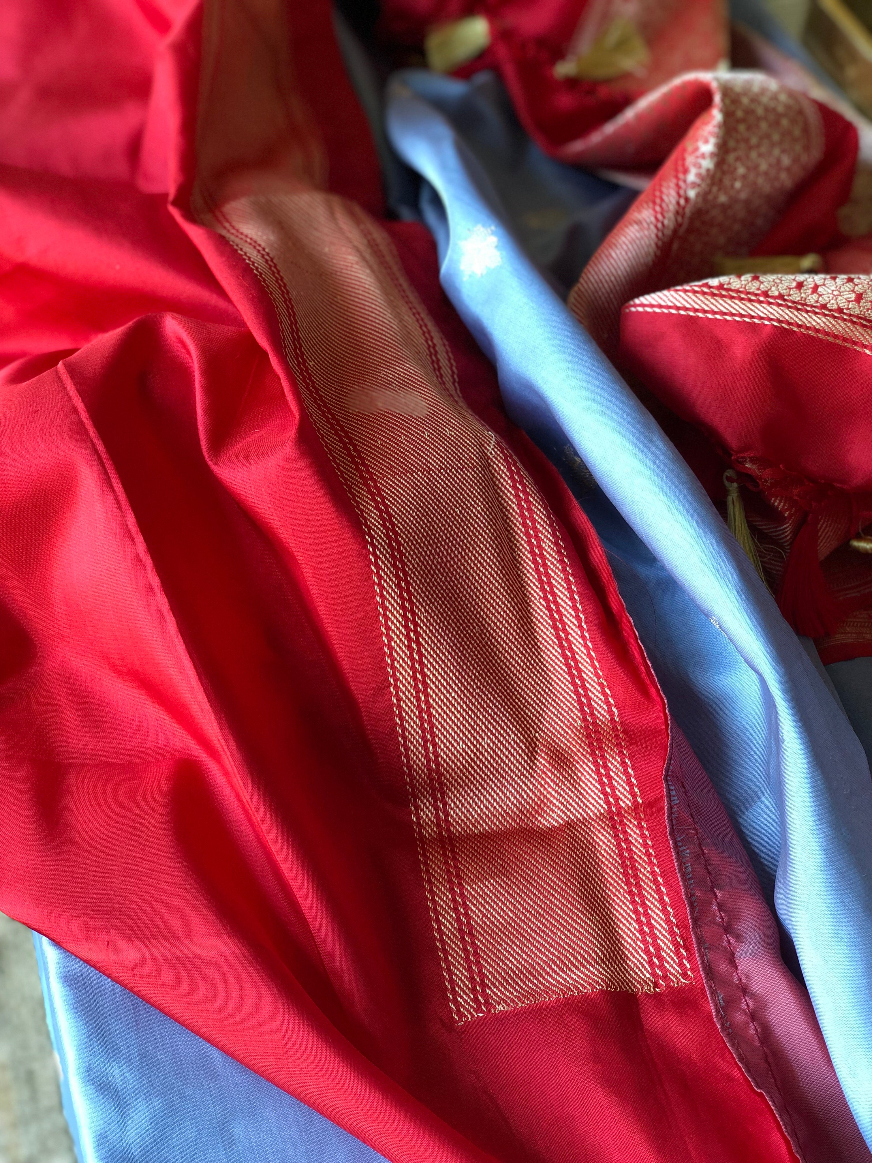 Katan Silk Banarasi - Bluish Grey Red