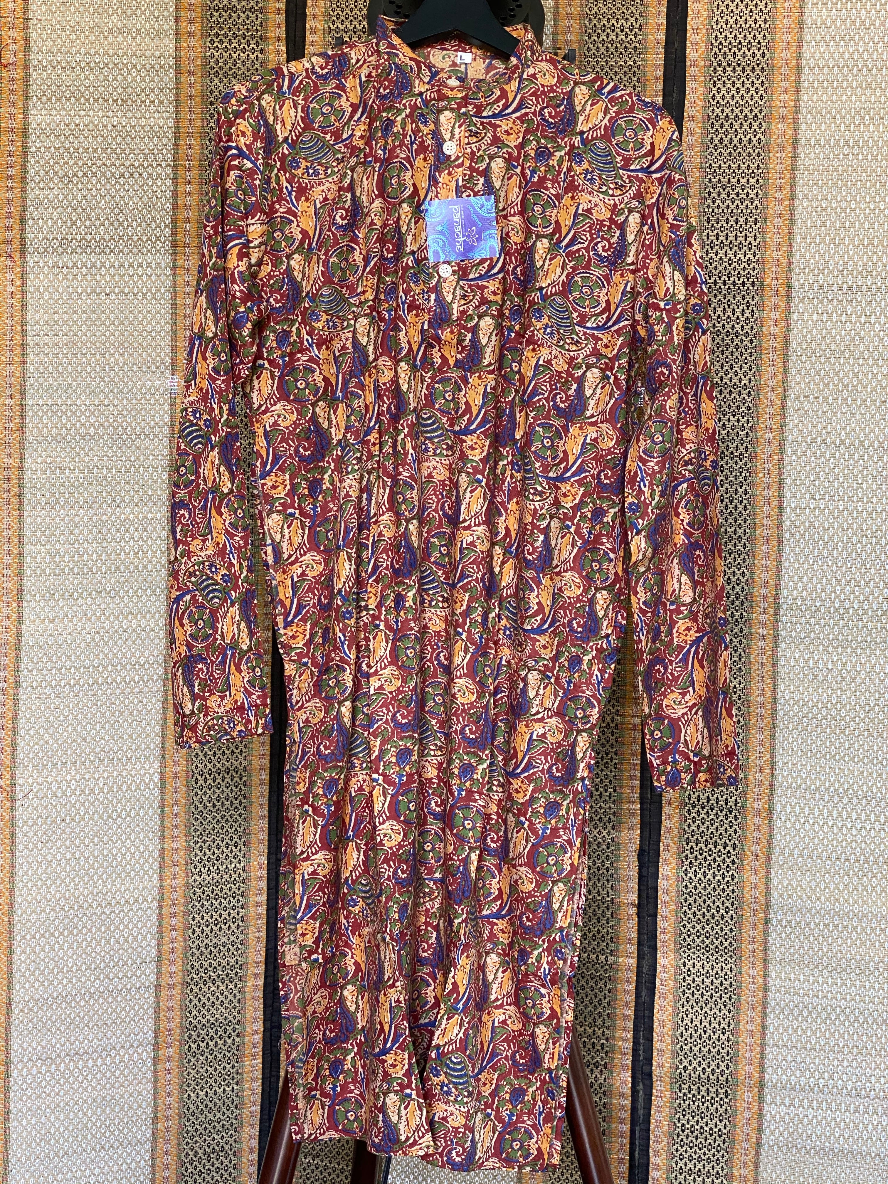 Cotton Silk Kalamkari Kurta Men - Maroon Yellow Blue L-40