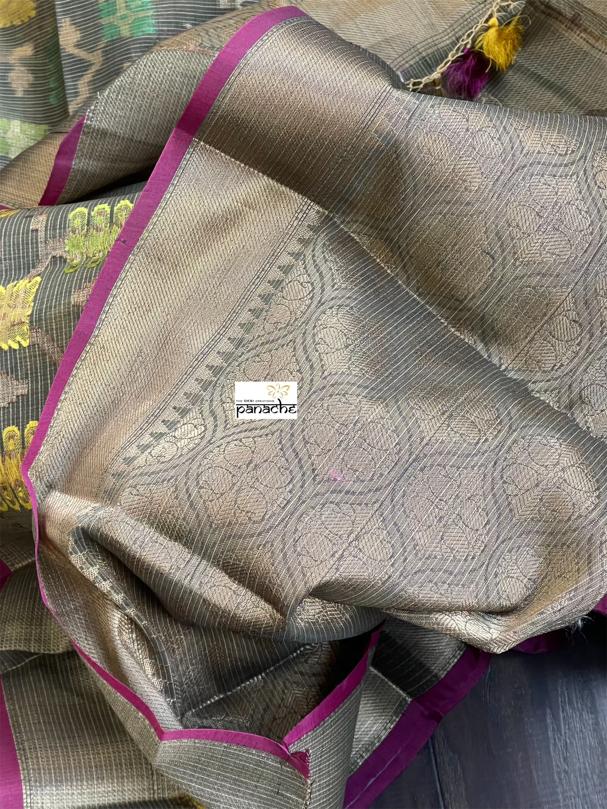Cotton Silk Banaras Chanderi - Grey Yellow Green Woven