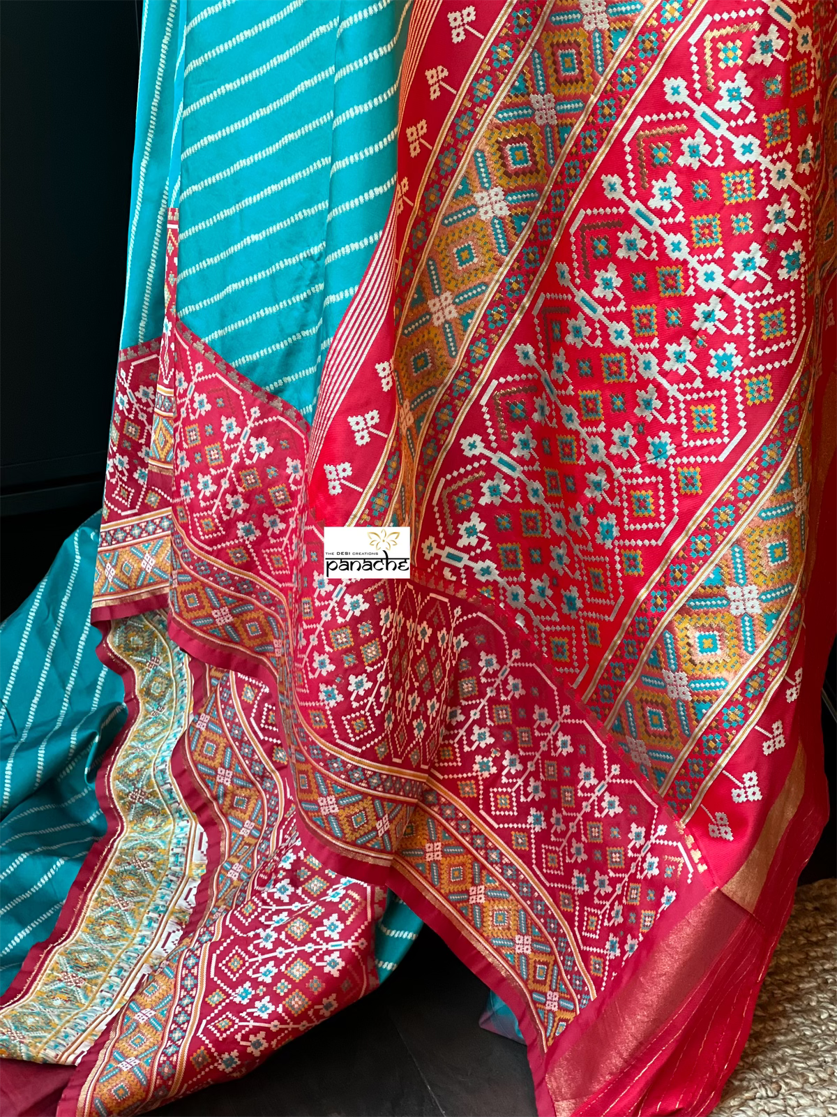 Soft Silk Patola Banarasi - Firozi Blue Red Antique Golden Zari