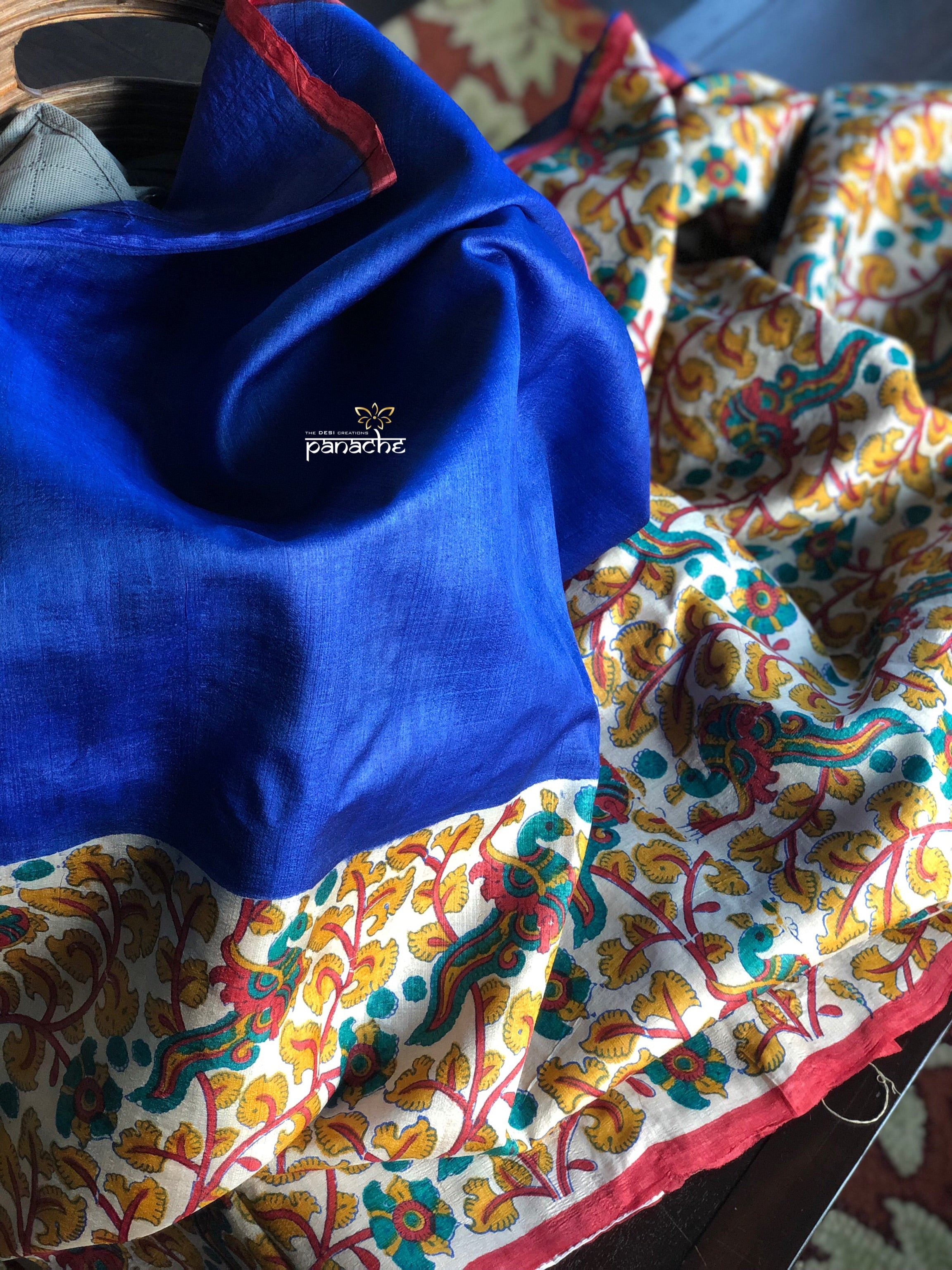 Tussar Silk - Printed Kalamkari  Royal Blue