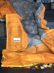 Kora Tussar Jamdani Banarsi - Grey Orange Golden Zari