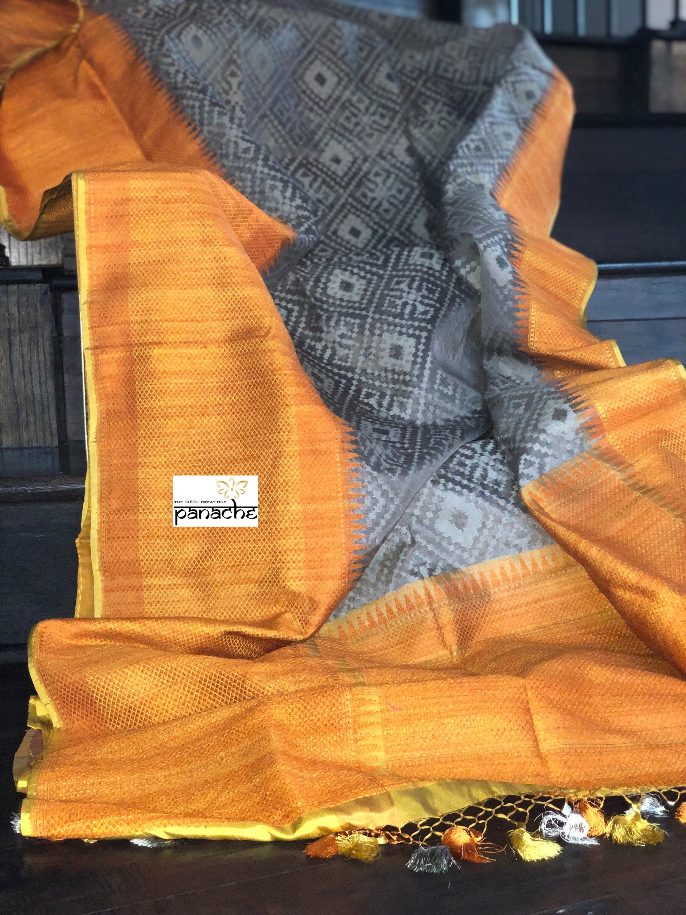 Kora Tussar Jamdani Banarsi - Grey Orange Golden Zari