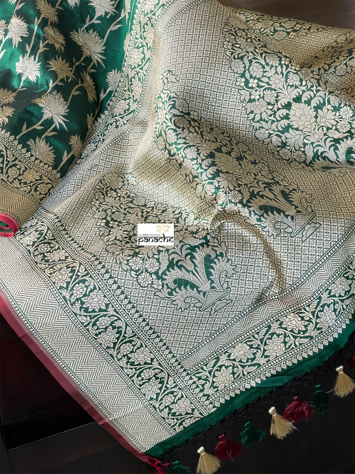 Pure Silk Banarasi - Green Red Antique Golden Zari