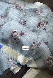 Banarasi Organza Floral - Grey Antique Golden Zari