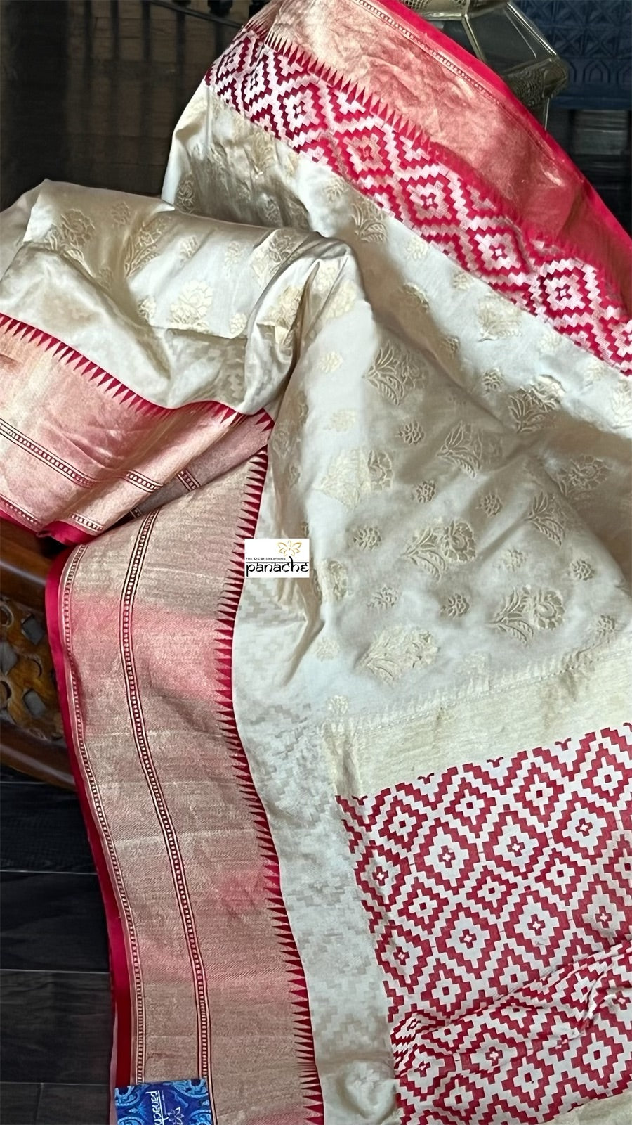 Pure Katan Silk Banarasi - Golden Beige Red Kadwa woven