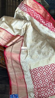 Pure Katan Silk Banarasi - Golden Beige Red Kadwa woven