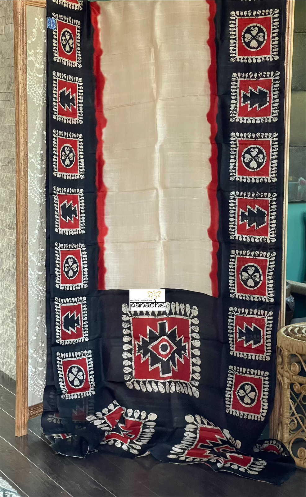 Pure Tussar Silk - Cream Beige Black