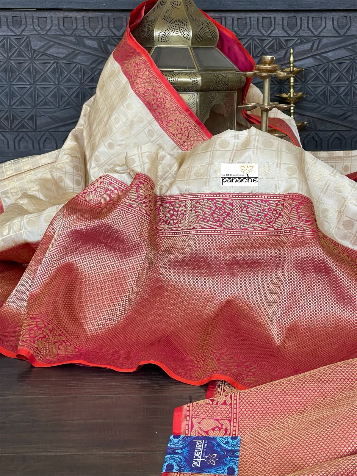 Pure Katan Silk Checkered Banarasi - Golden Beige Magenta Red Kadwa woven