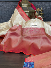 Pure Katan Silk Checkered Banarasi - Golden Beige Magenta Red Kadwa woven