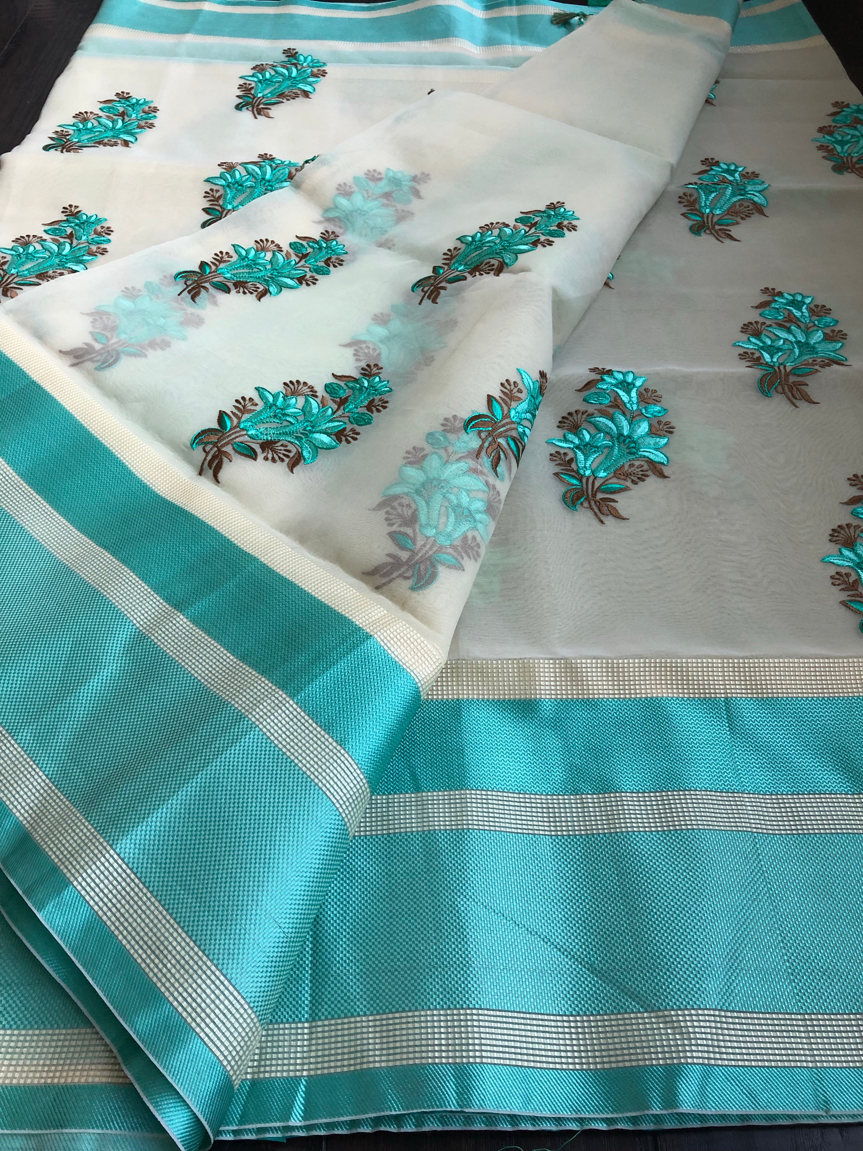 Kora Silk Embroidered - Beige Sea Green