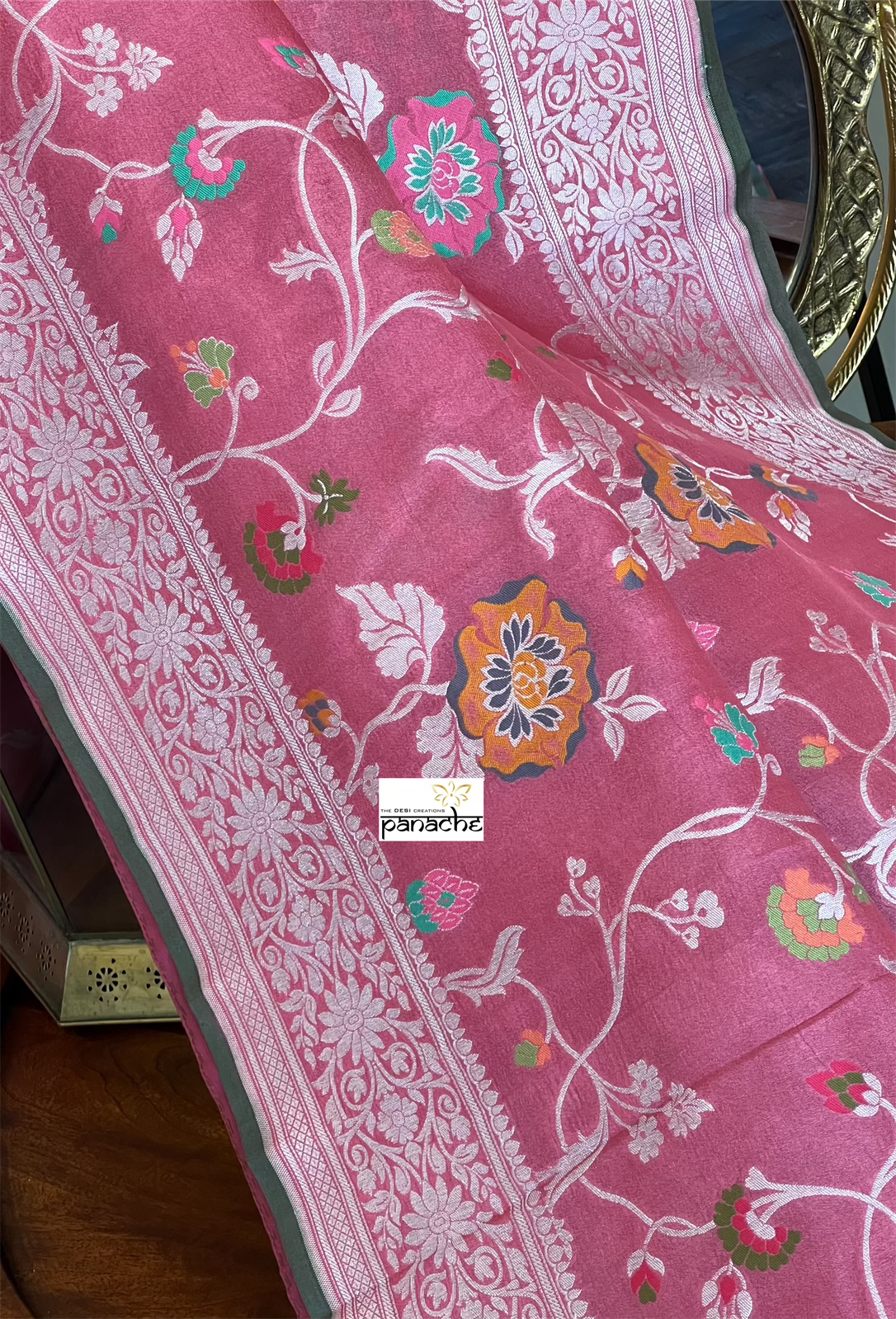 Tussar Georgette Banarasi- Gajri Pink Silver Zari