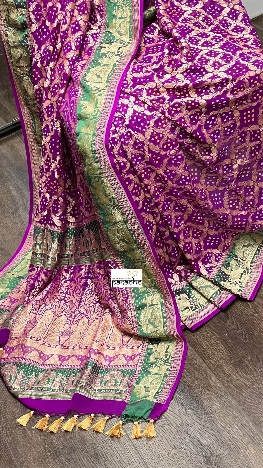 Bandhej Khaddi Georgette Banarasi - Purple Green