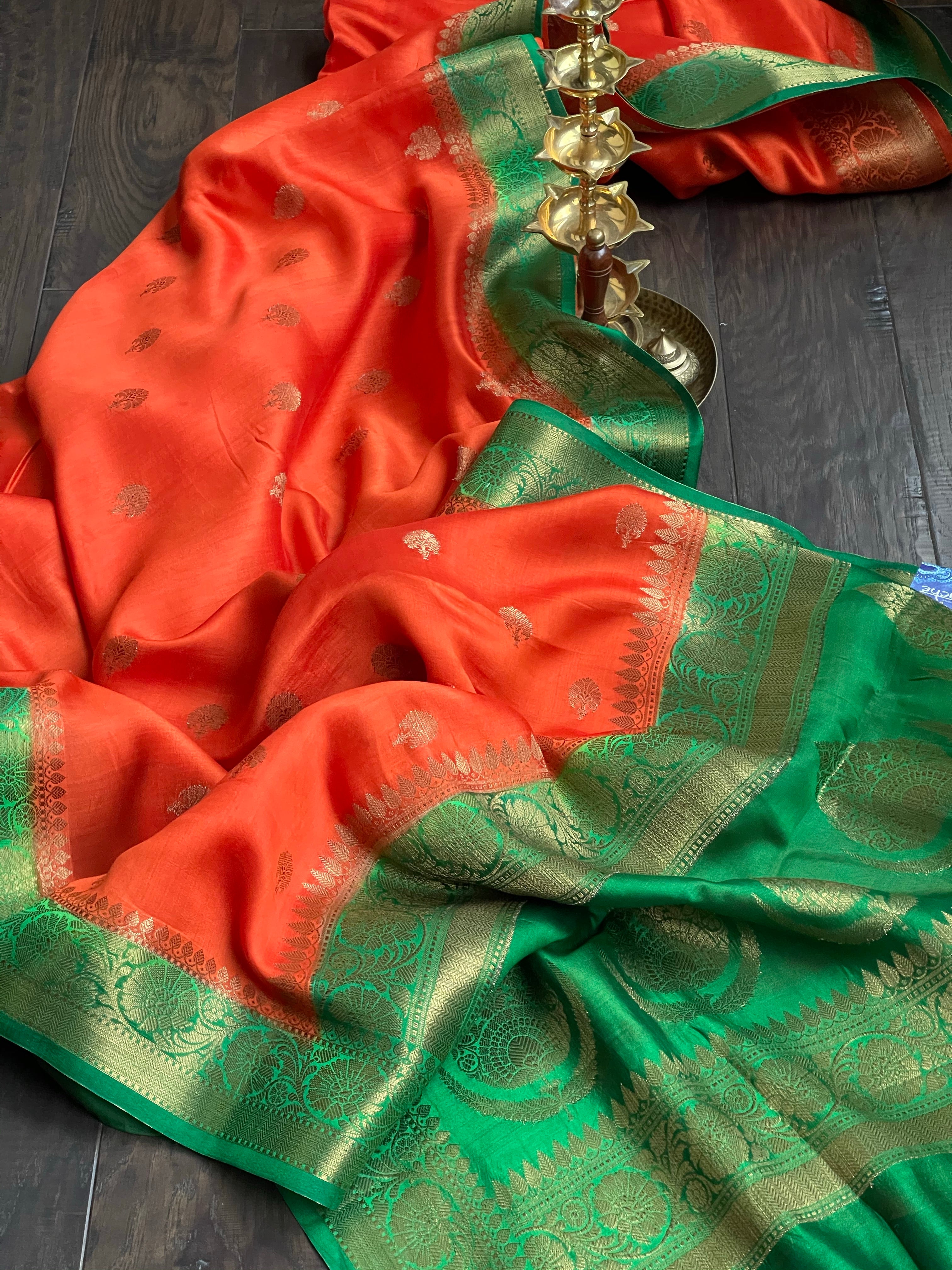 Chiniya Silk Banarasi - Reddish Orange Green