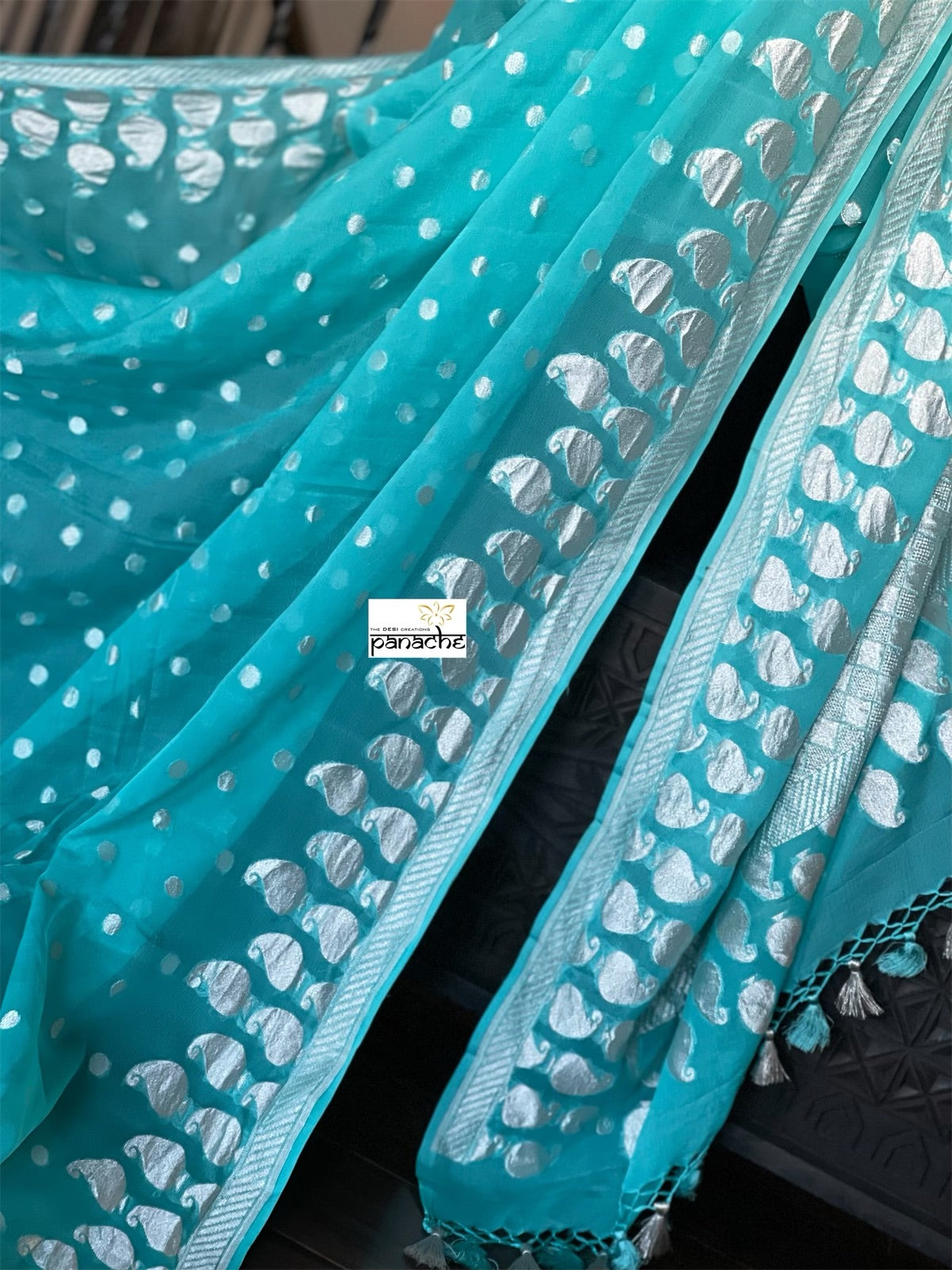 Khaddi Georgette Banarasi - Firozi Blue Silver Zari