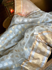 Pure Chanderi Organza Silk - Off White Eknaliya Lotus Woven