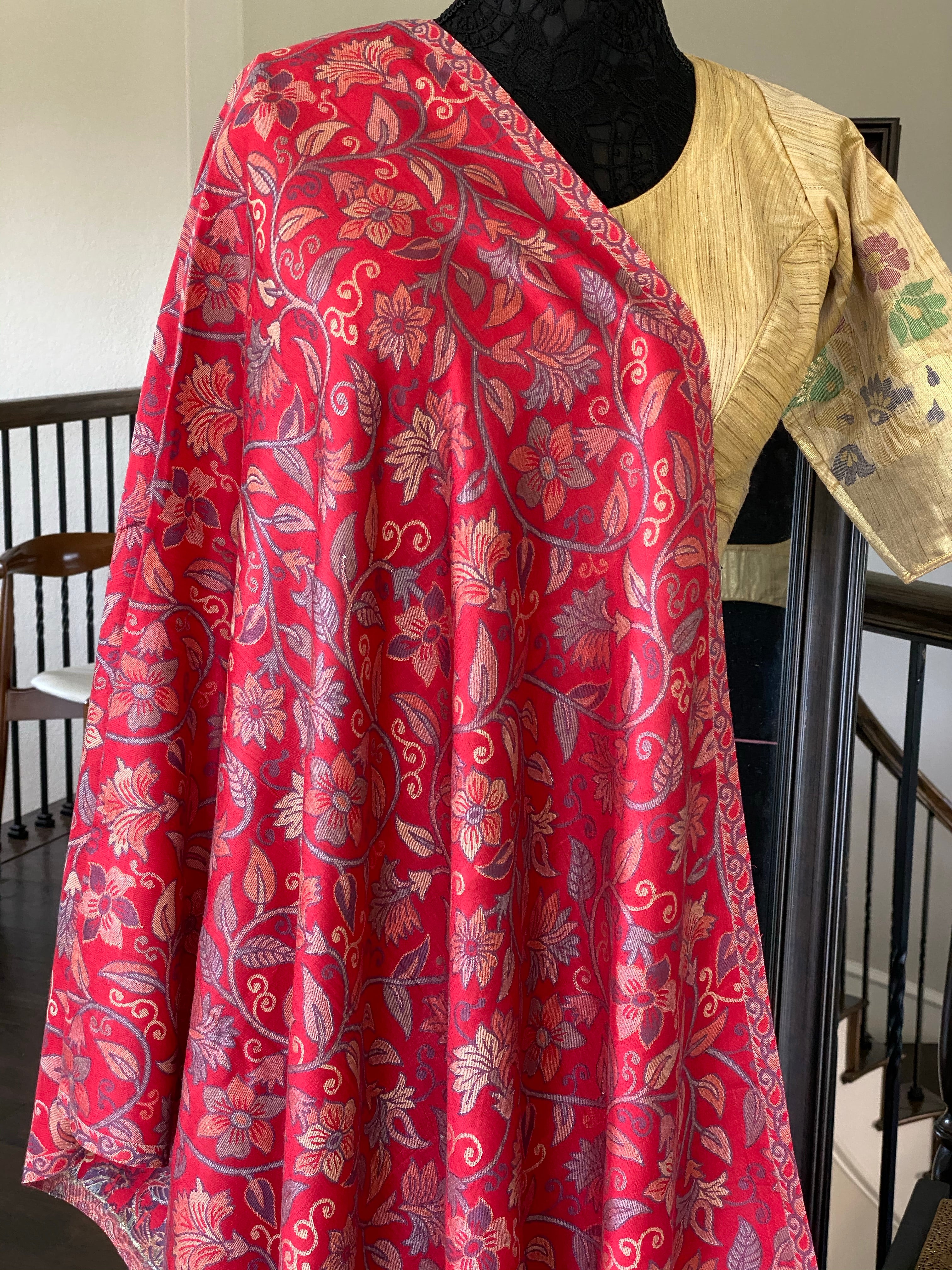 Kashmiri Semi Pashmina Stole - Red Multi 1 Resham Woven