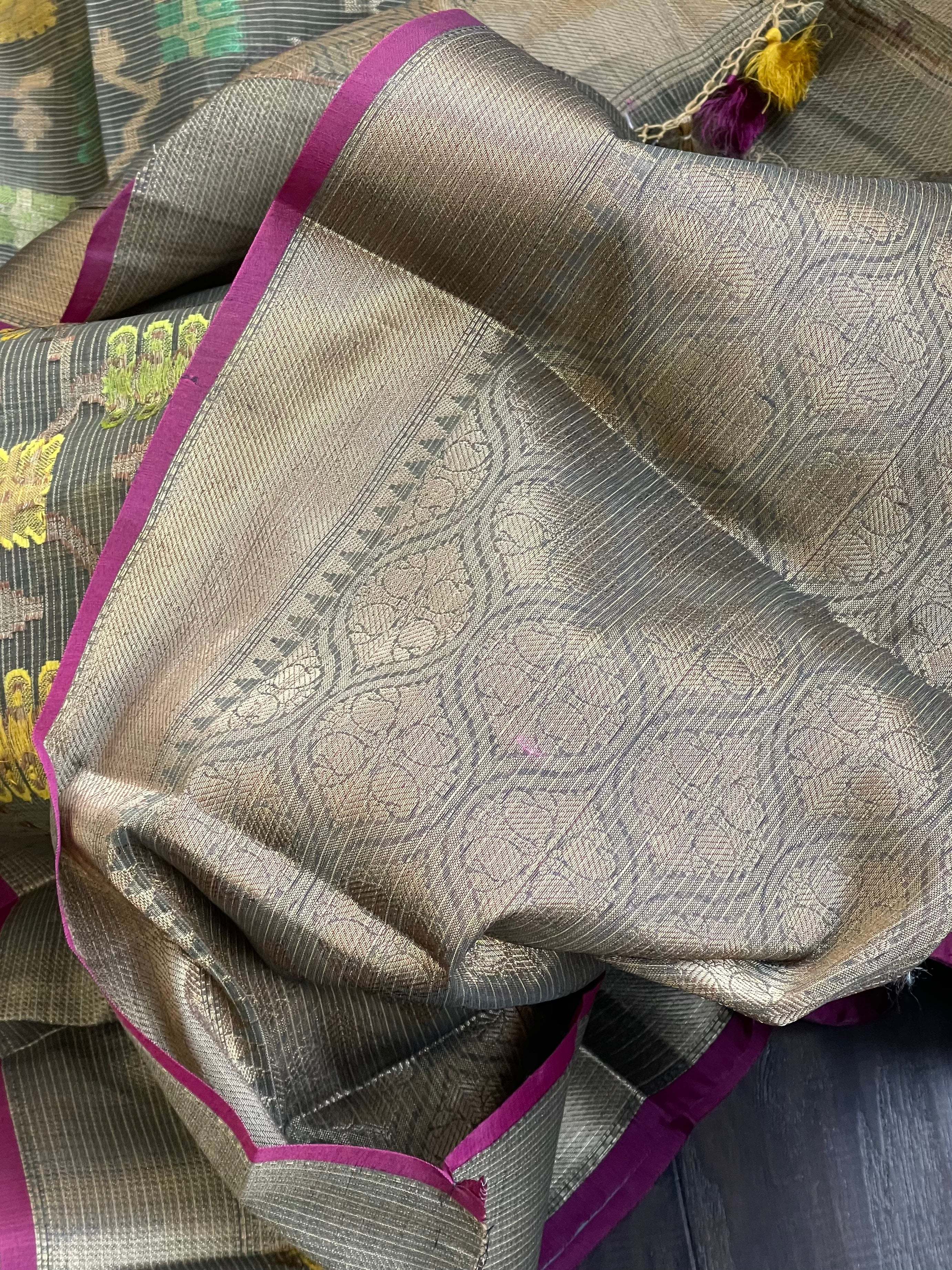 Cotton Silk Banaras Chanderi - Grey Yellow Green Woven