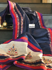 Designer Tussar Gicha Silk - Midnight Blue Appliqué