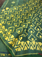 Pure Tussar Silk - Bottle Green Yellow Printed Kantha Stitch
