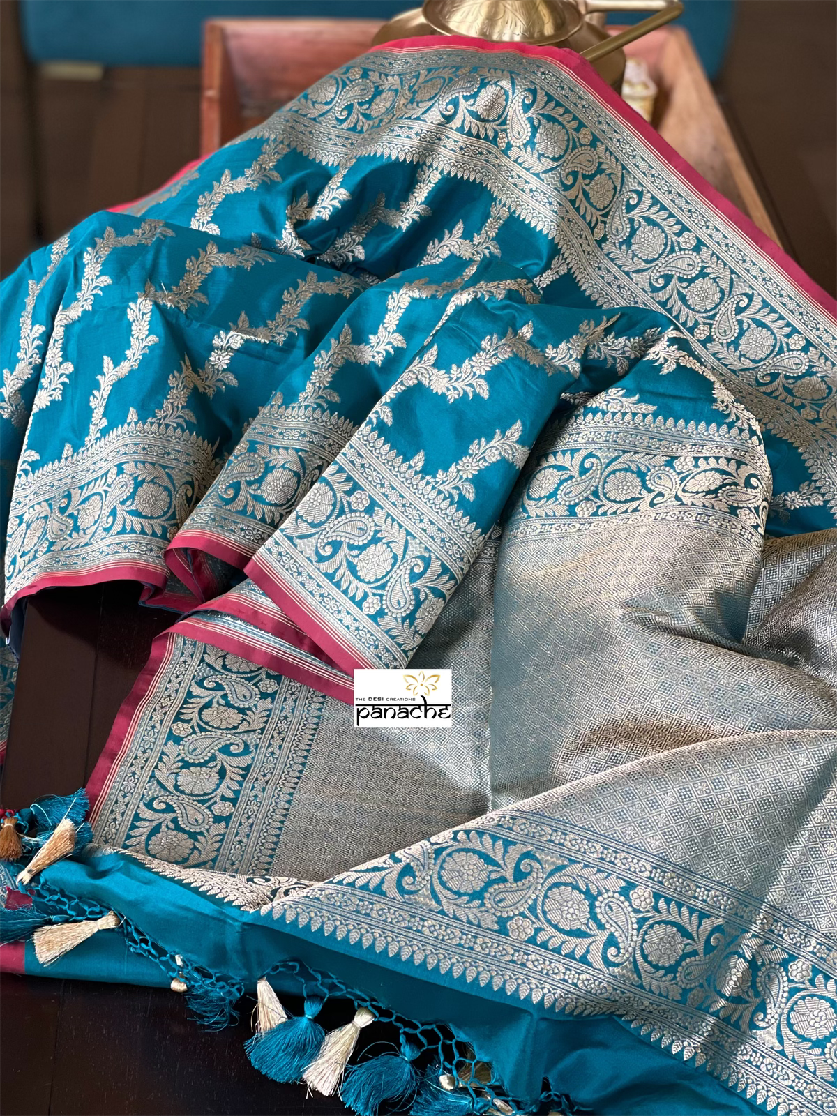 Katan Silk Jaal Banarasi - Teal Blue Antique Zari
