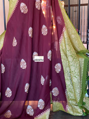 Khaddi Georgette Banarasi - Maroon Mehendi Green Kadwa