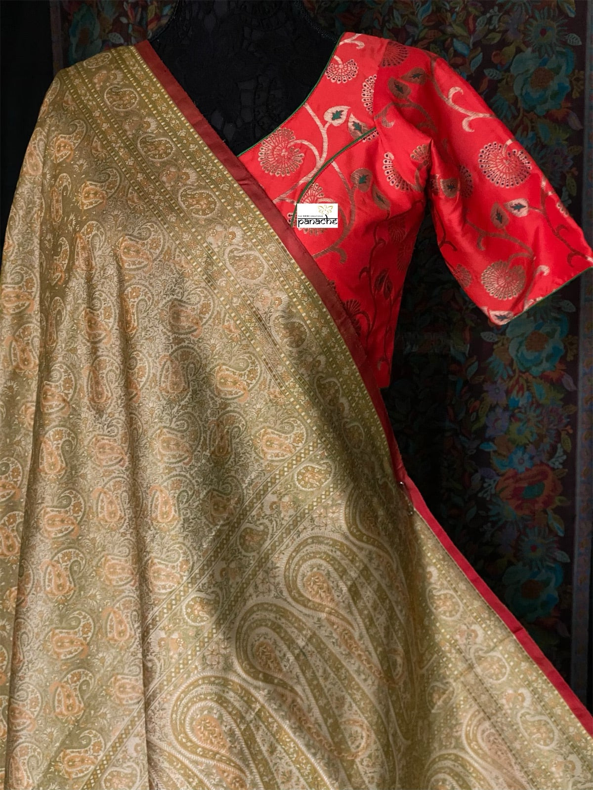 Pure Satin Silk Tanchoi Banarasi - Beige Grey Pista Green Kani Woven