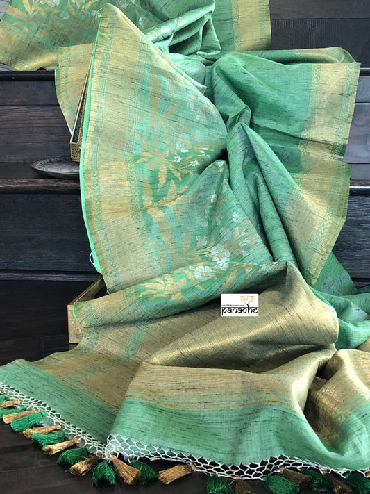 Muga Tussar Silk Banarasi - Pista Green Golden Silver Zari Meena
