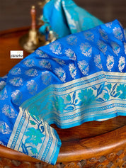 Pure Katan Silk Banarasi - Royal Blue Firozi Antique Zari