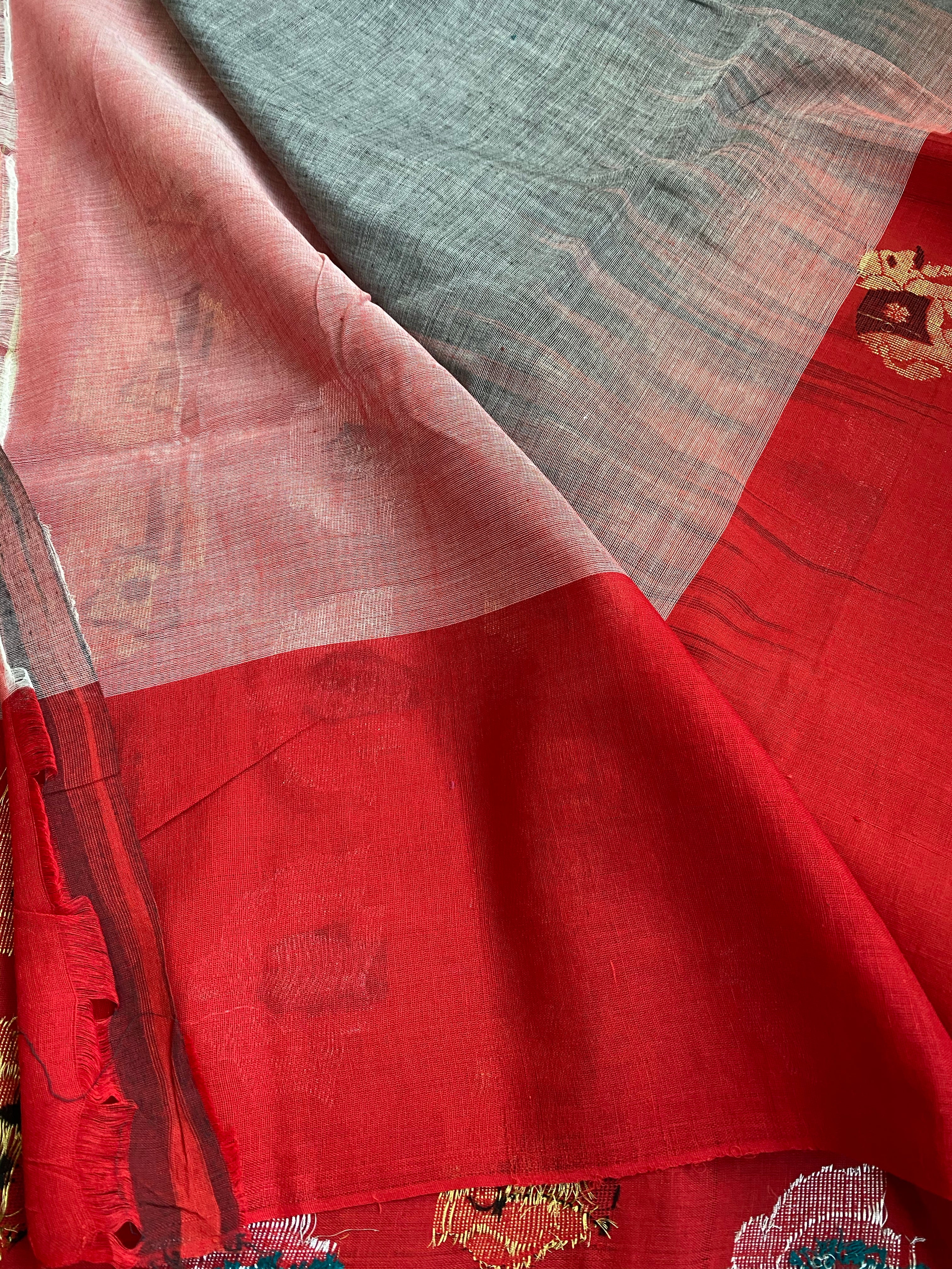 Pure Khadi Cotton Handloom - Grey Red Woven