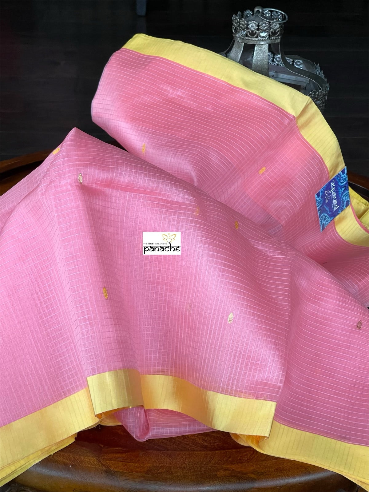 Pure Chanderi Organza Silk - Pink Yellow Checkered