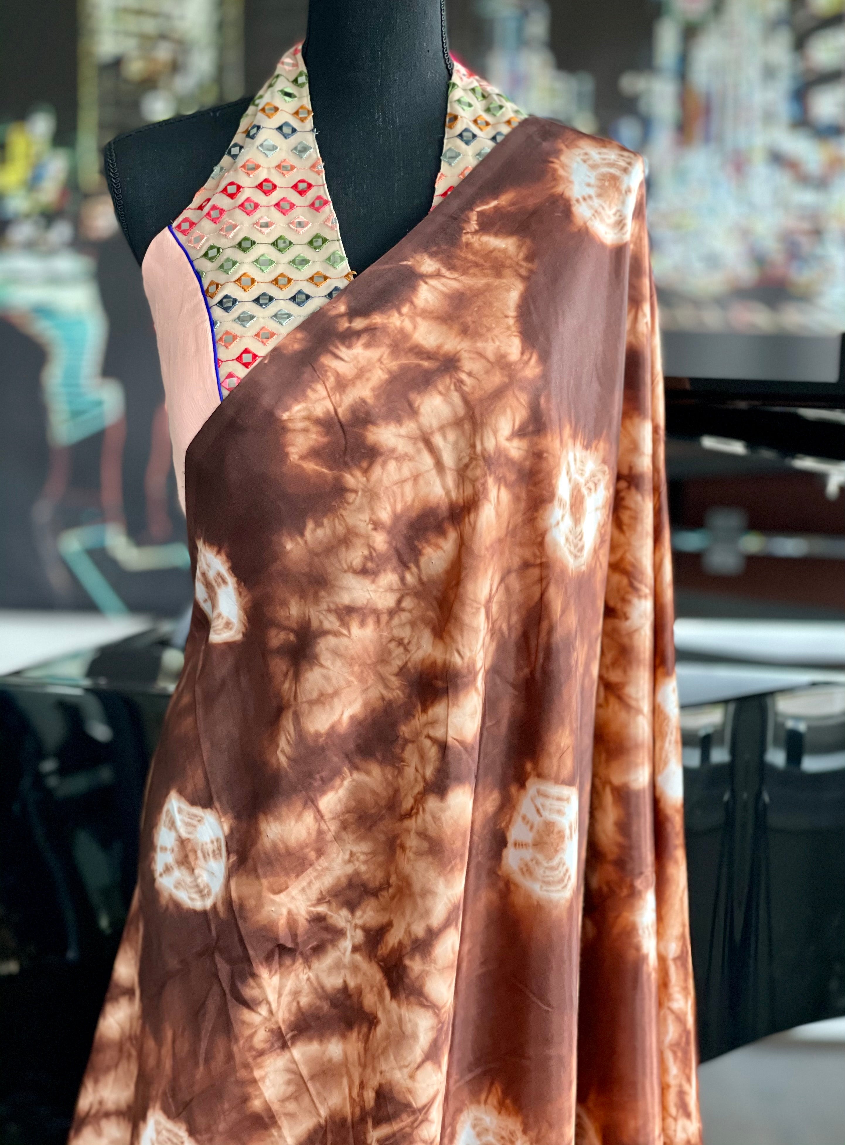 Shibori Satin Silk - Brown Off White