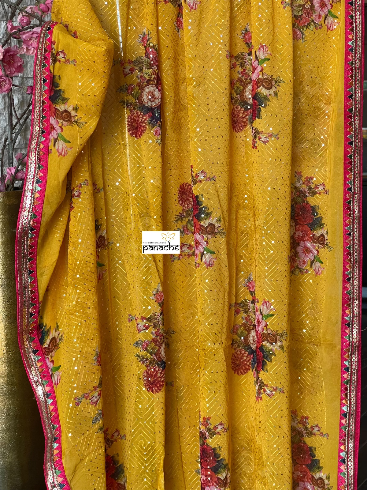 Designer Crepe Georgette Sequin Floral  - Yellow Red Pink