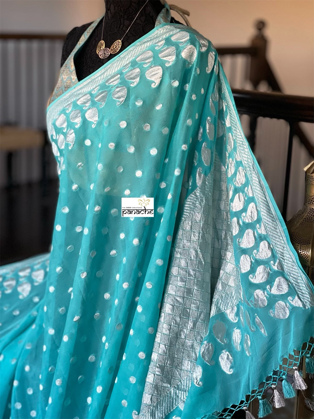 Khaddi Georgette Banarasi - Firozi Blue Silver Zari