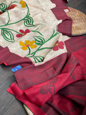 Pure Tussar Silk - Beige Red Black