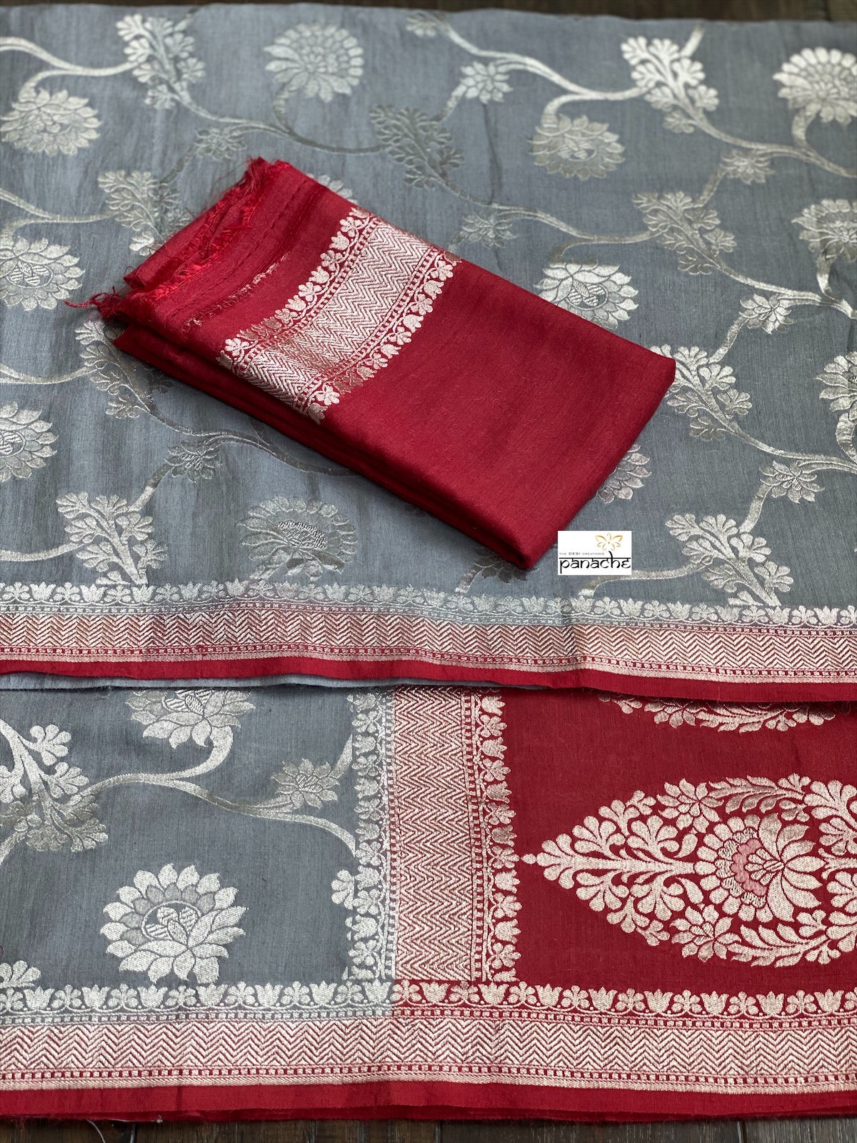 Muga Silk Banarasi - Grey Red Silver Zari