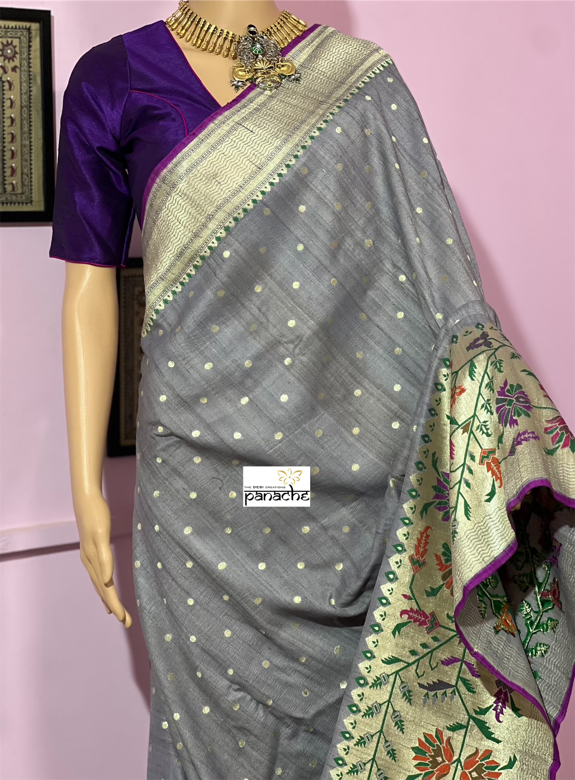 Tussar Georgette Banarasi Paithani - Grey Purple