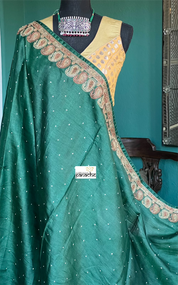 Pure Tussar Silk - Dark Green Embroidered