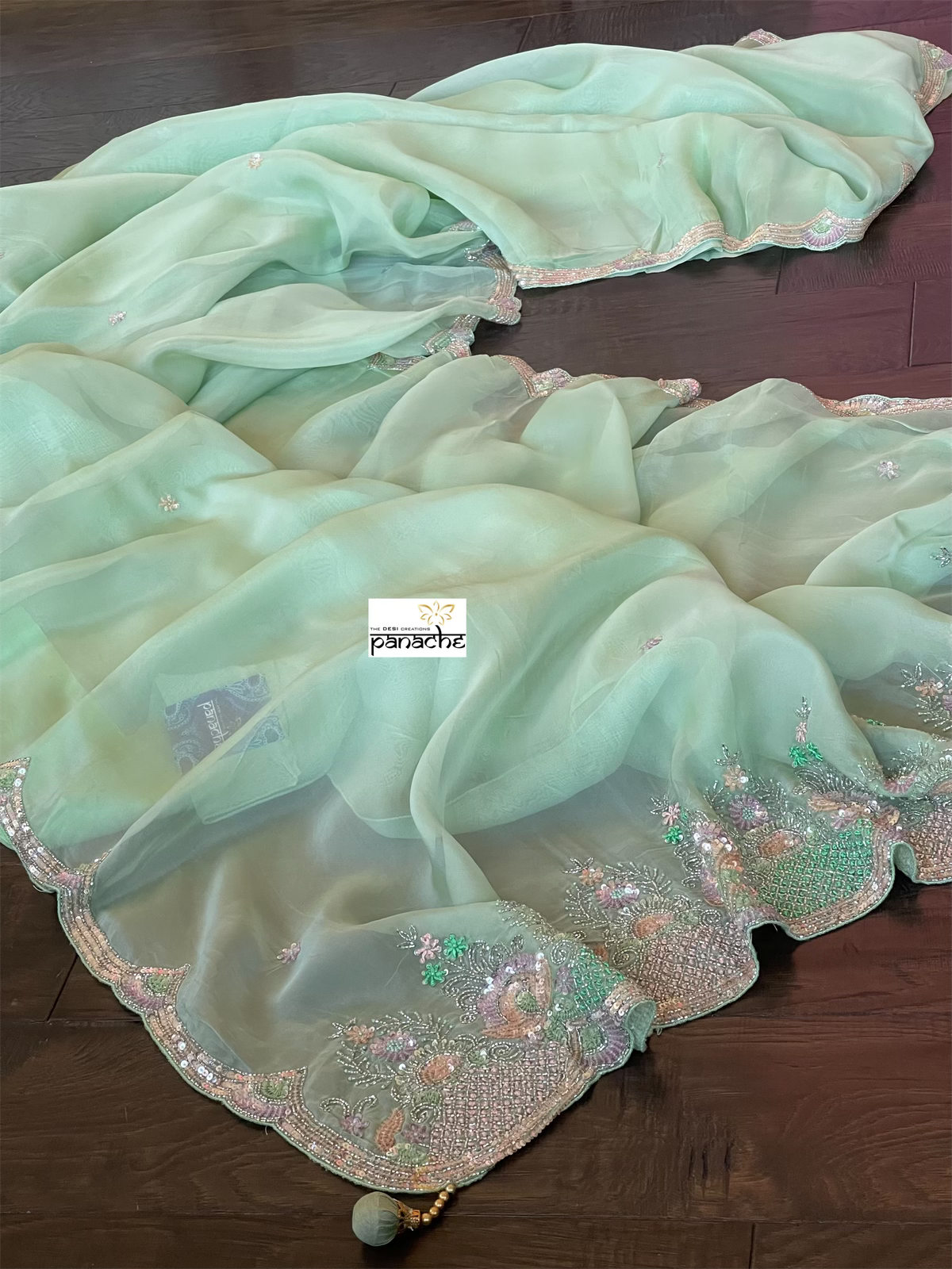 Designer Satin Organza - Mint Hand Embroidered