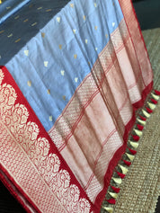 Katan Silk Banarasi - Bluish Grey Red
