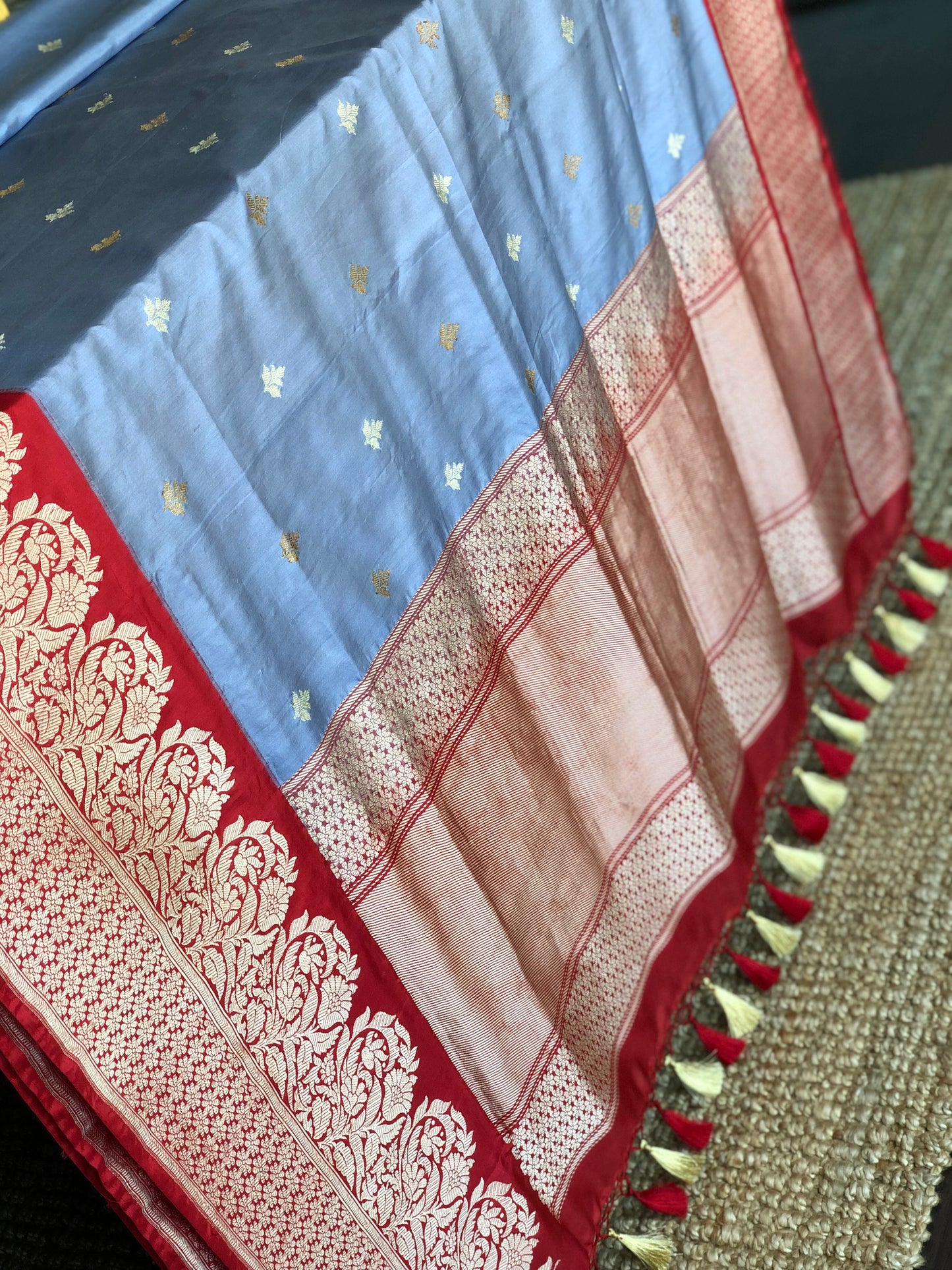 Katan Silk Banarasi - Bluish Grey Red