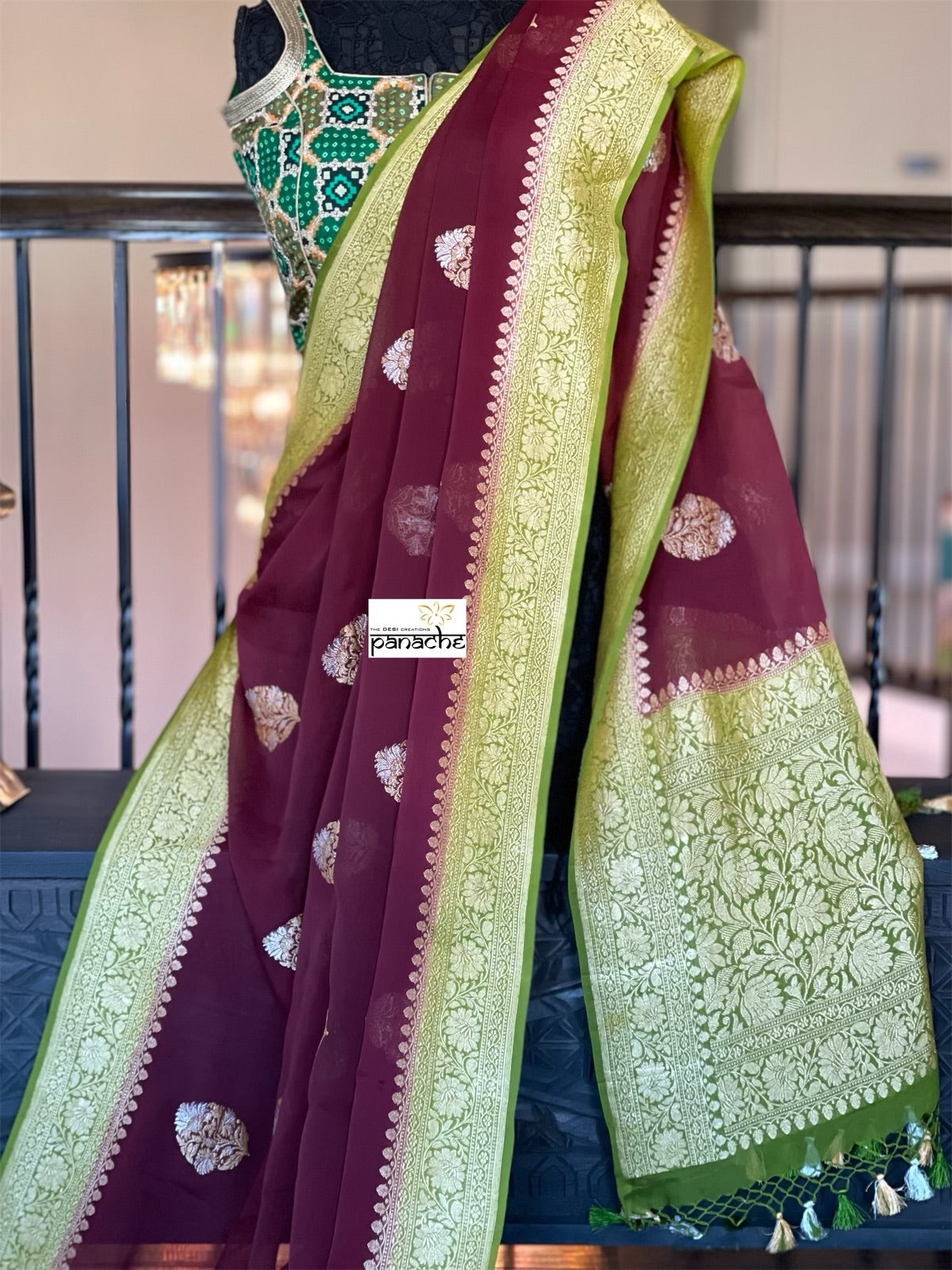 Khaddi Georgette Banarasi - Maroon Mehendi Green Kadwa