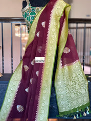 Khaddi Georgette Banarasi - Maroon Mehendi Green Kadwa