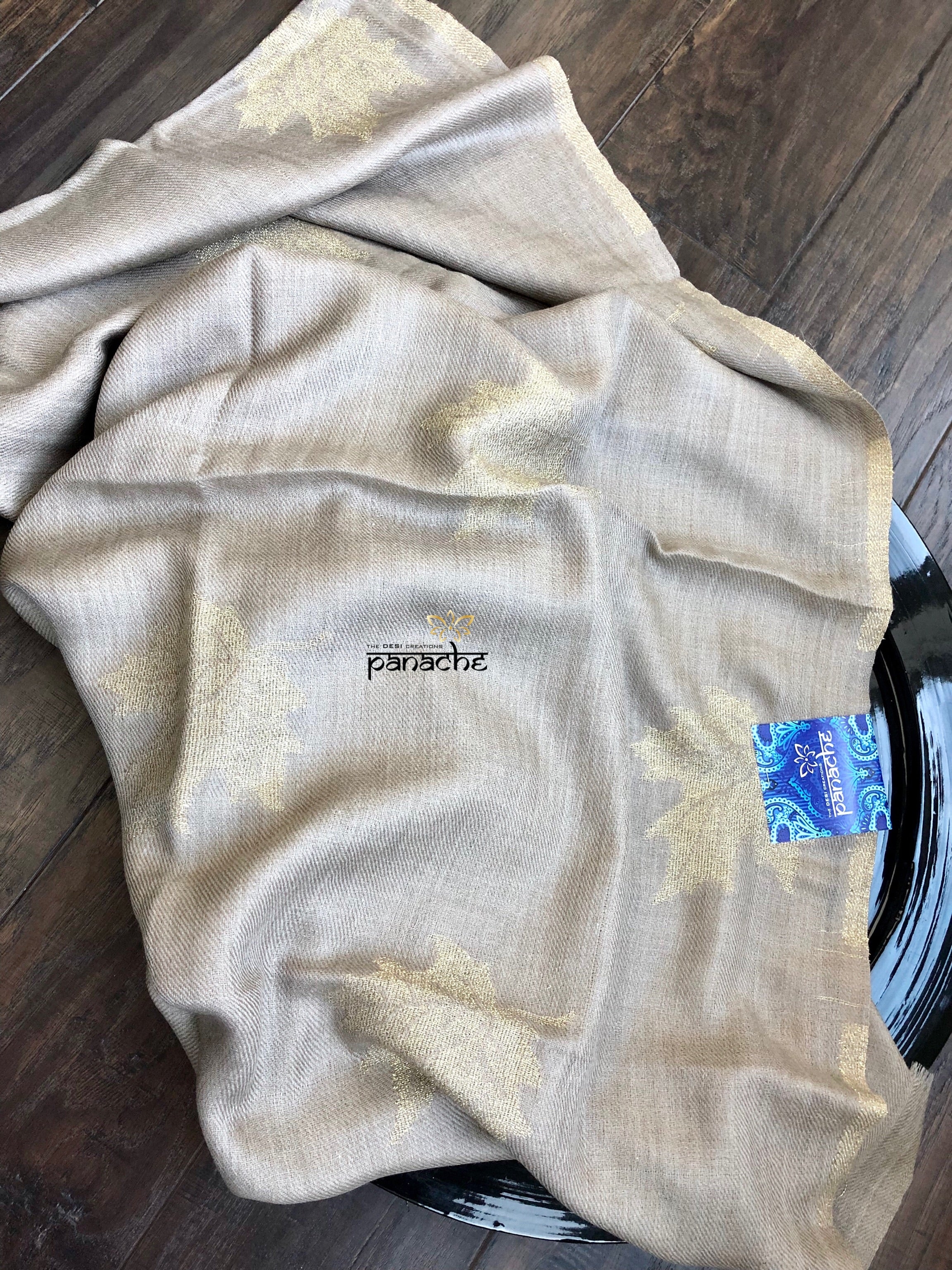 Pure Pashmina Stole - Beige Zari Weave