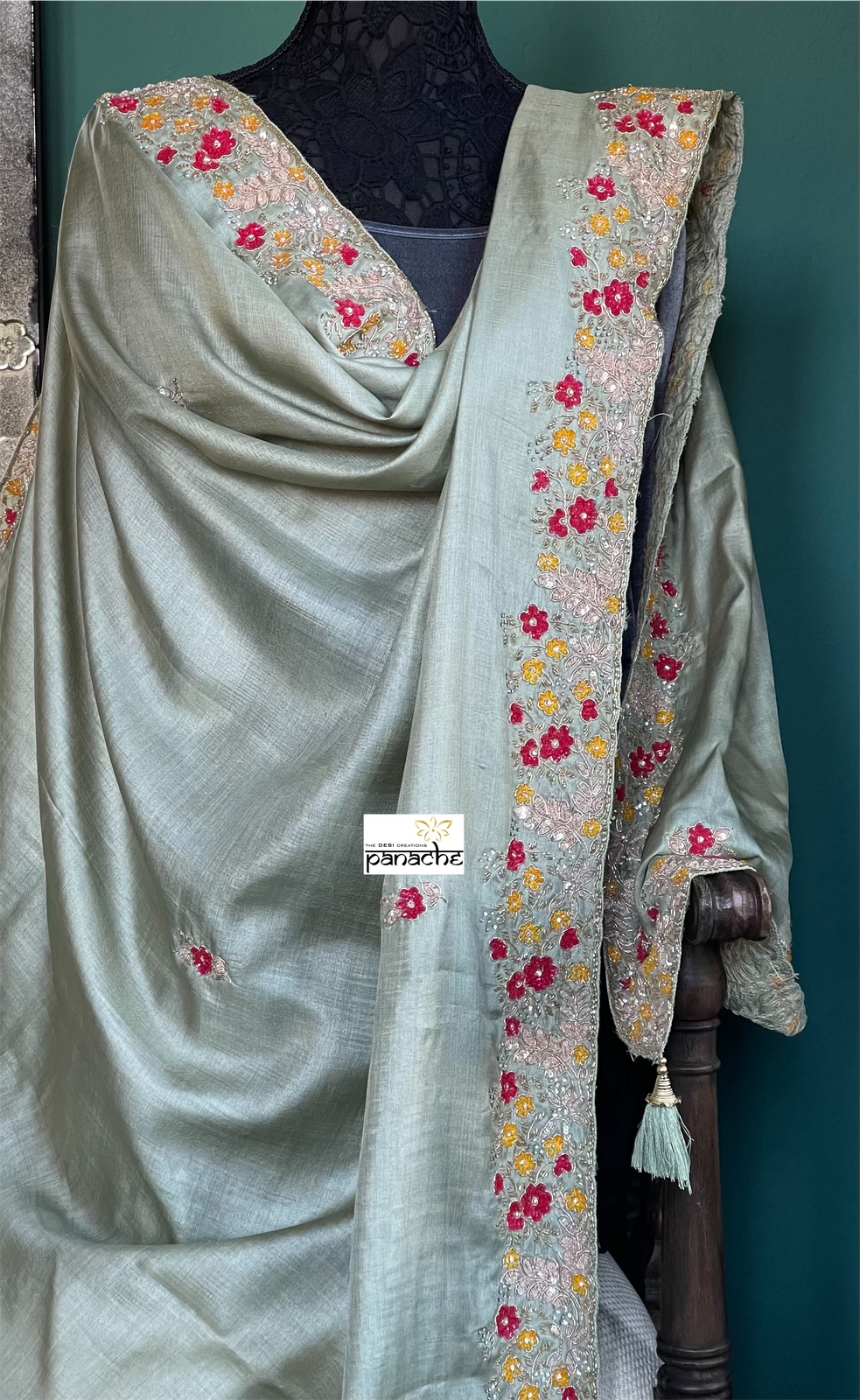 Designer Tussar Silk - Moss Green Hand Embroidered