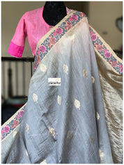 Embroidered Muga Silk - Silver Grey