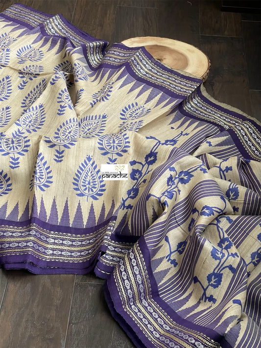 Printed Tussar Silk - Beige Purple Woven