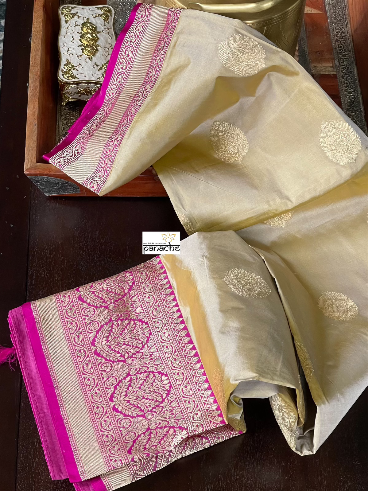 Pure Katan Silk Banarasi - Tan Gray Magenta