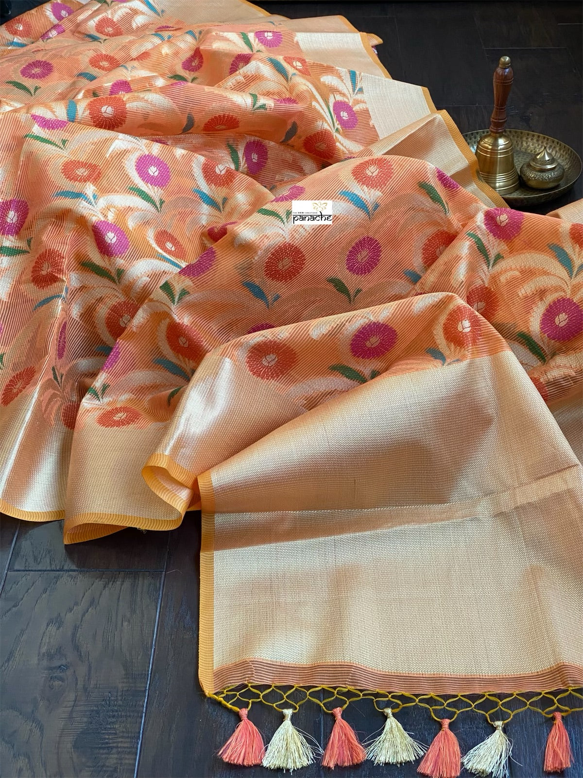 Kora Cotton Silk Saree - Tangerine Meenakari